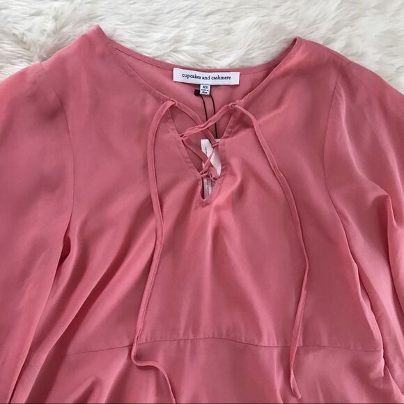 Coral Pink Lace Up Peplum‎ Top Blouse Short Flutter Sleeve Flowy XS X-Small New - Picture 6 of 14